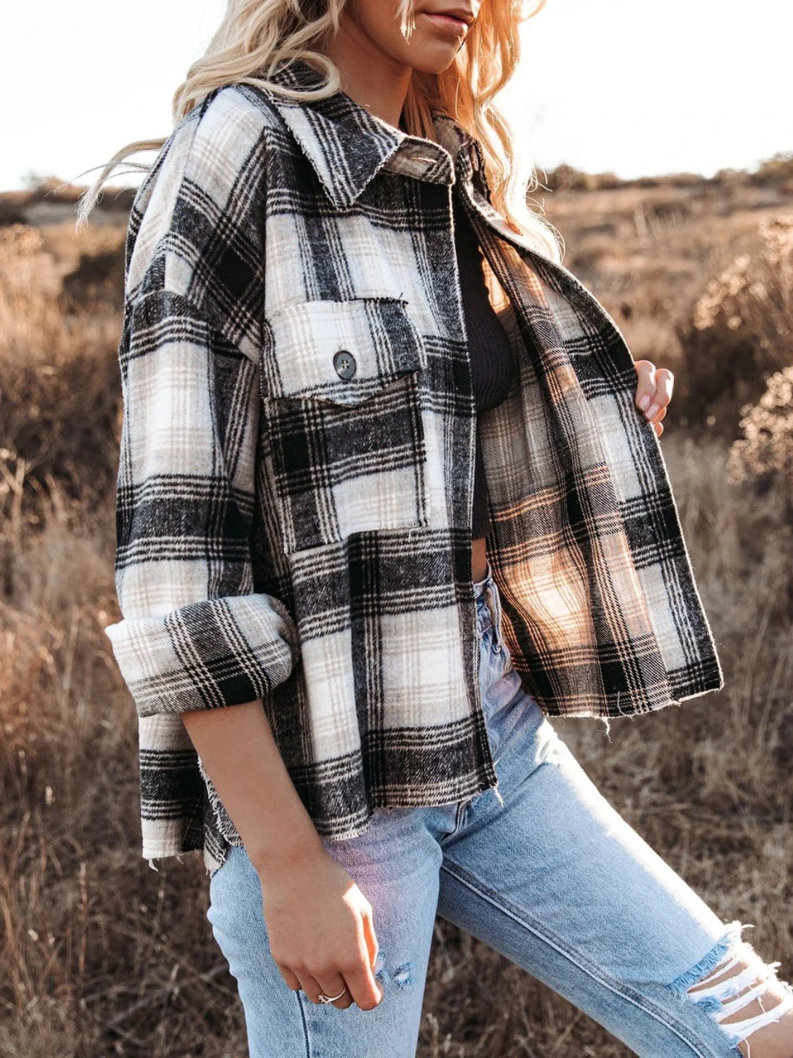 Pocketed Plaid Button Down Long Sleeve Shacket - Image 4