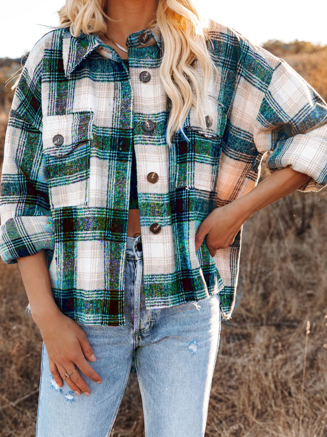 Pocketed Plaid Button Down Long Sleeve Shacket - Image 5