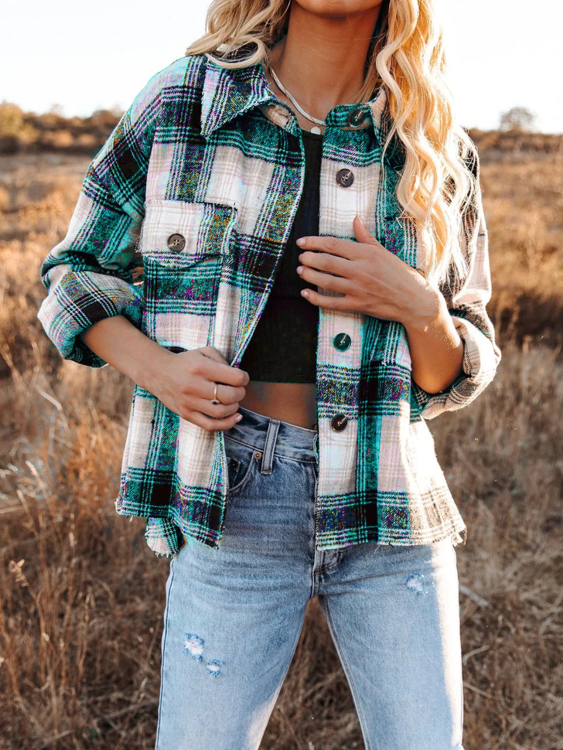 Pocketed Plaid Button Down Long Sleeve Shacket - Image 6