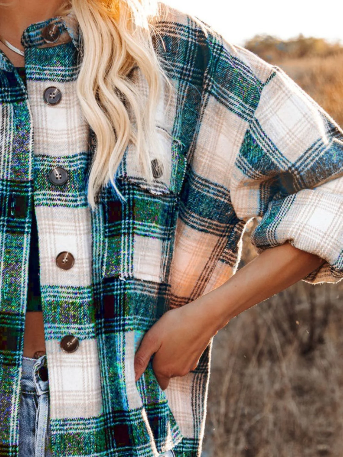 Pocketed Plaid Button Down Long Sleeve Shacket - Image 7