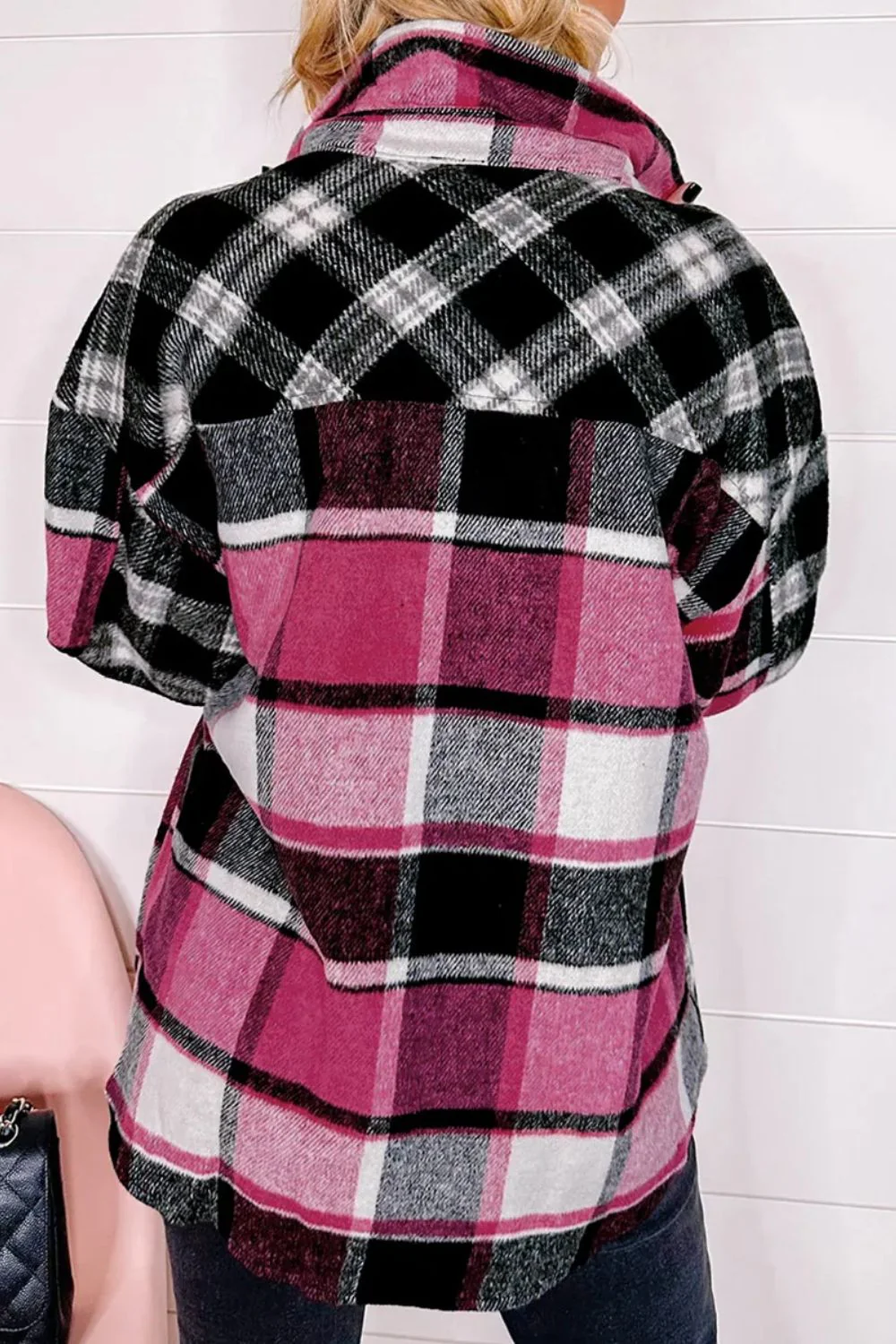 Pocketed Plaid Collared Neck Long Sleeve Shacket - Image 2