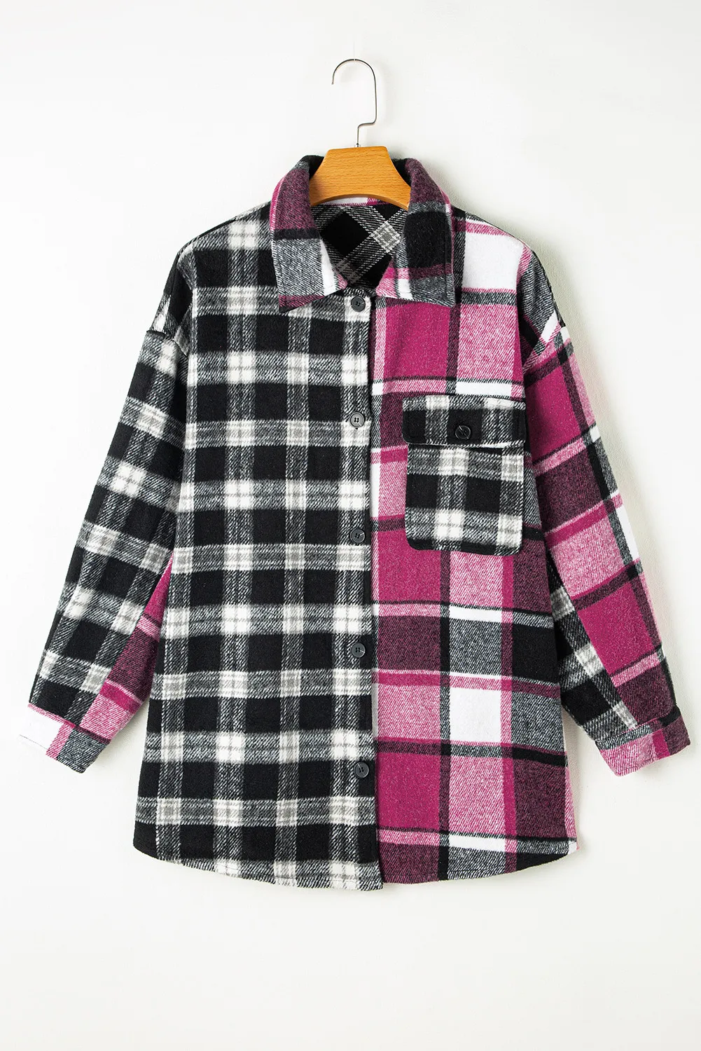 Pocketed Plaid Collared Neck Long Sleeve Shacket - Image 3