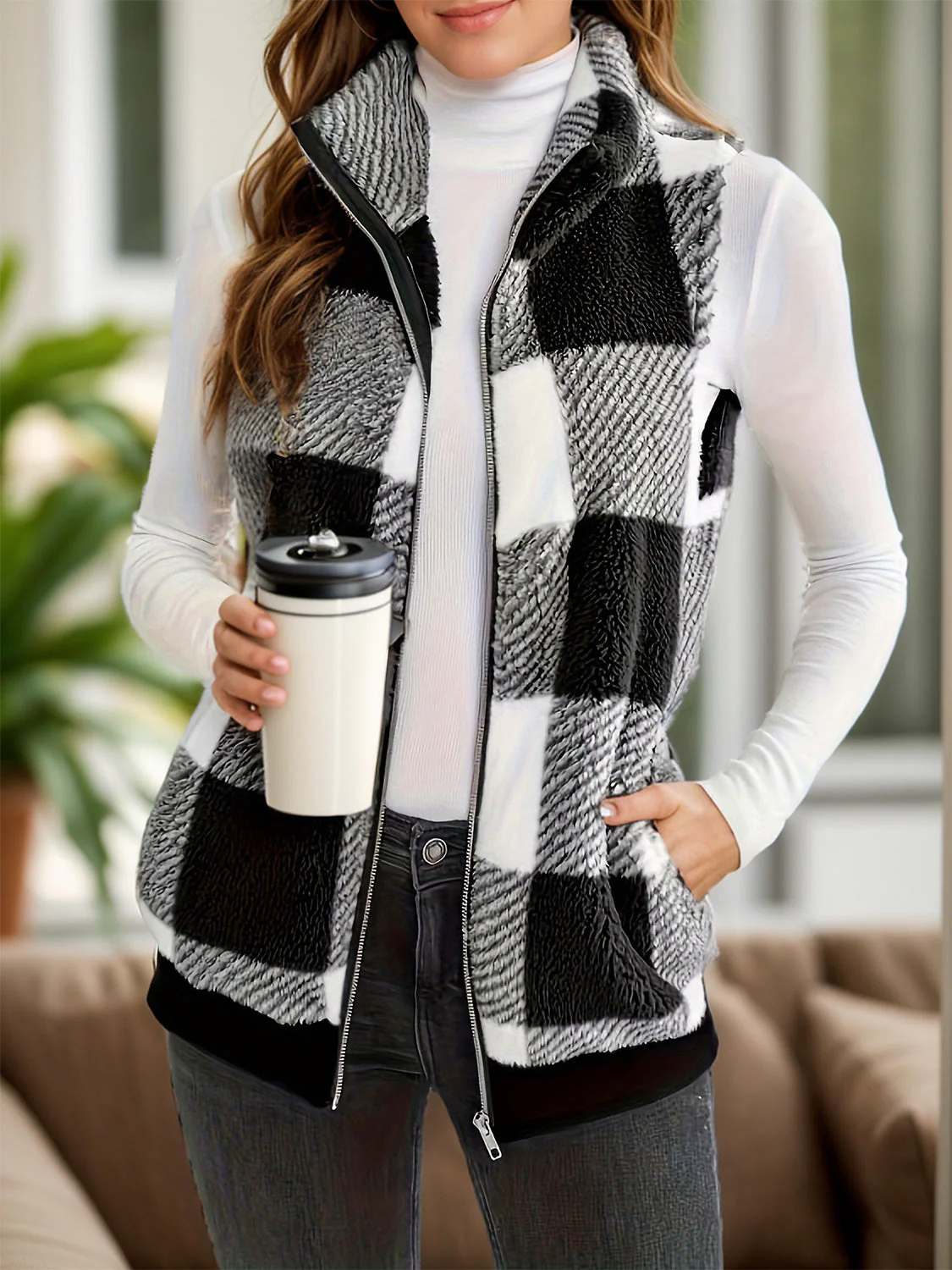 Pocketed Plaid Zip Up Vest Coat - Image 3