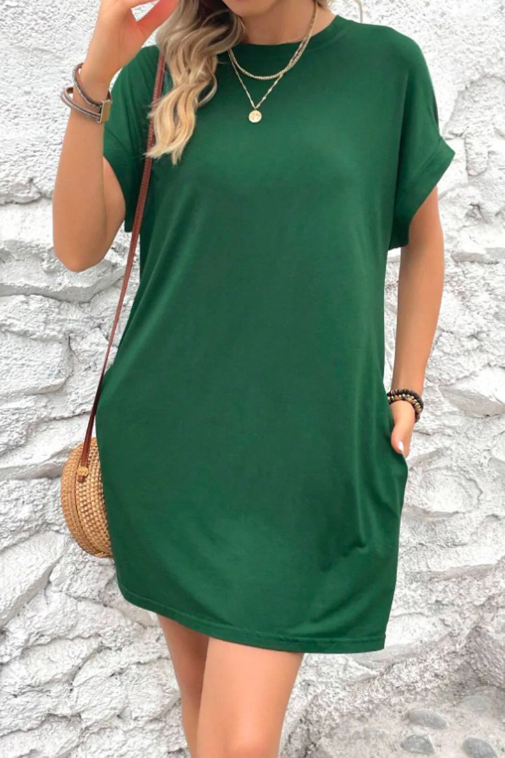 Pocketed Round Neck Short Sleeve Dress - Image 2
