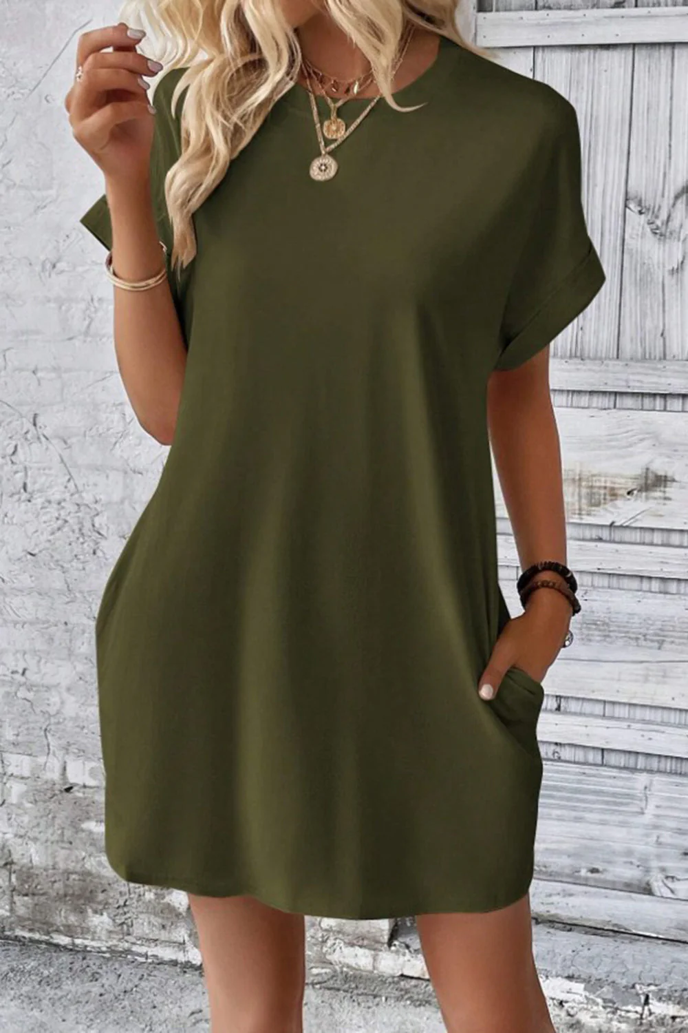 Pocketed Round Neck Short Sleeve Dress - Image 21