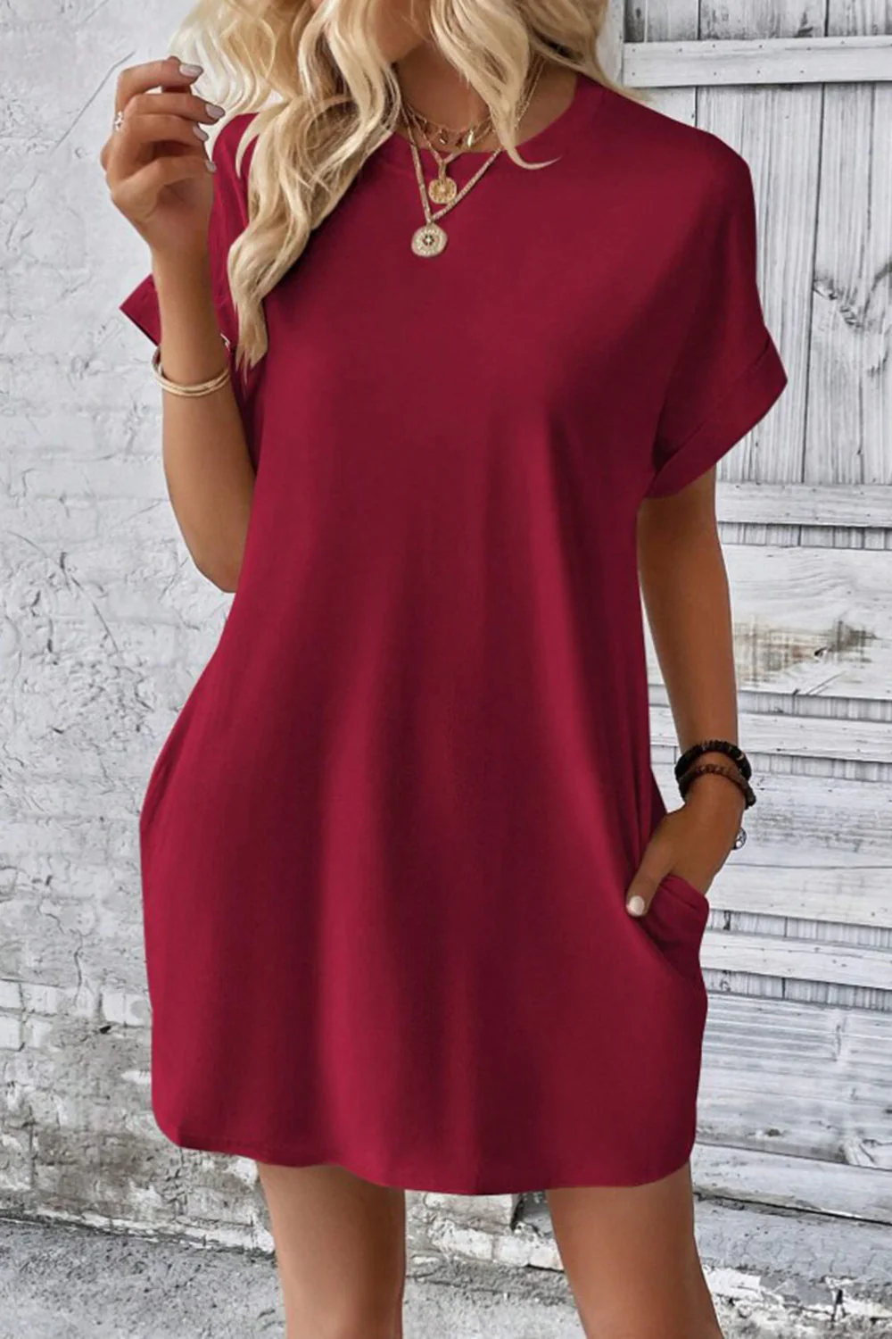Pocketed Round Neck Short Sleeve Dress - Image 23