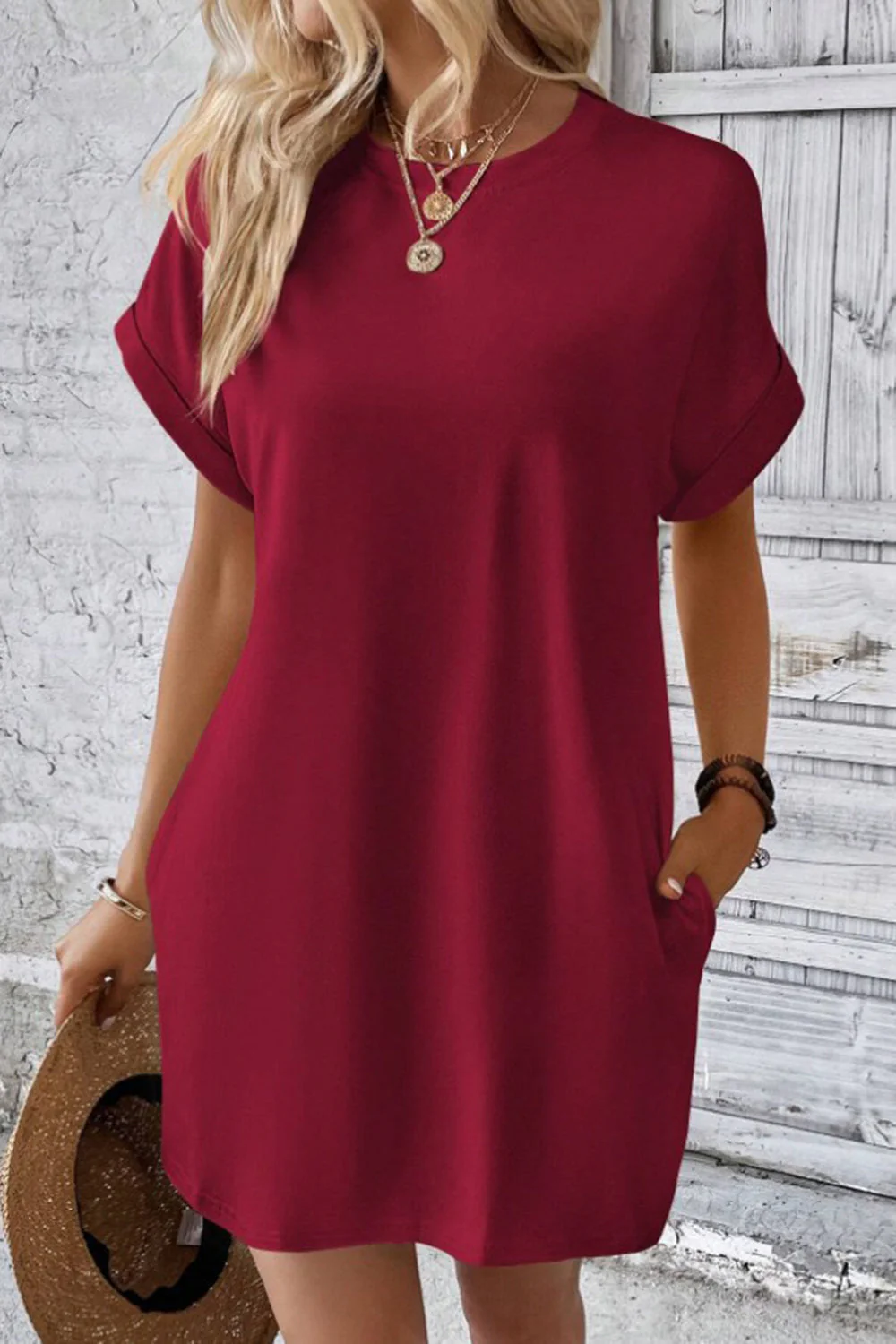 Pocketed Round Neck Short Sleeve Dress - Image 24