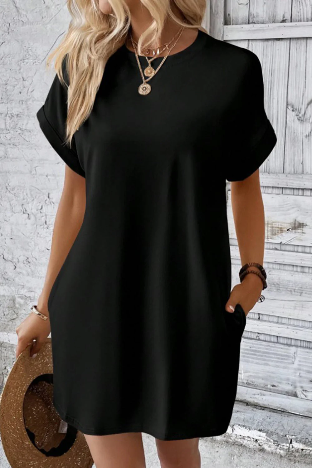 Pocketed Round Neck Short Sleeve Dress - Image 29