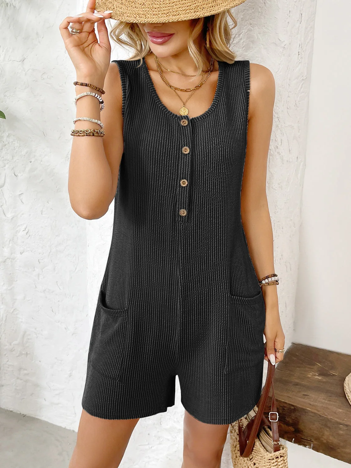 Pocketed Round Neck Sleeveless Romper - Image 3