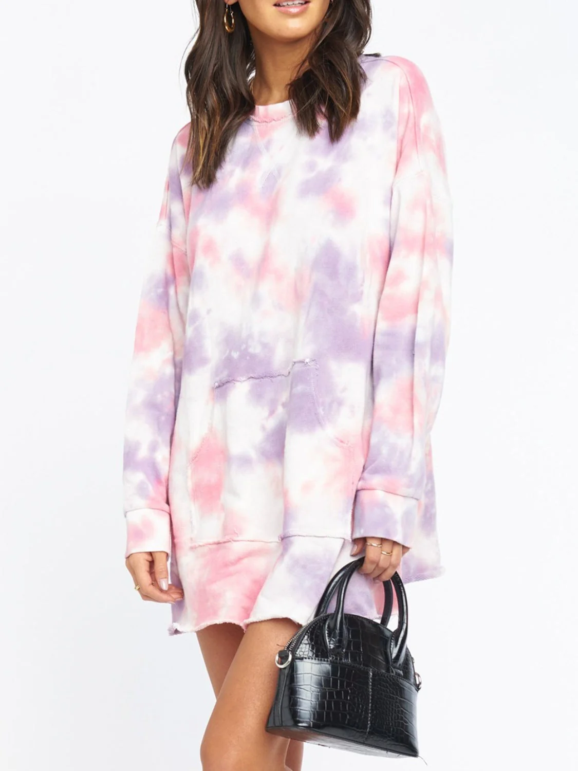 Pocketed Tie-Dye Round Neck Long Sleeve Dress - Image 4