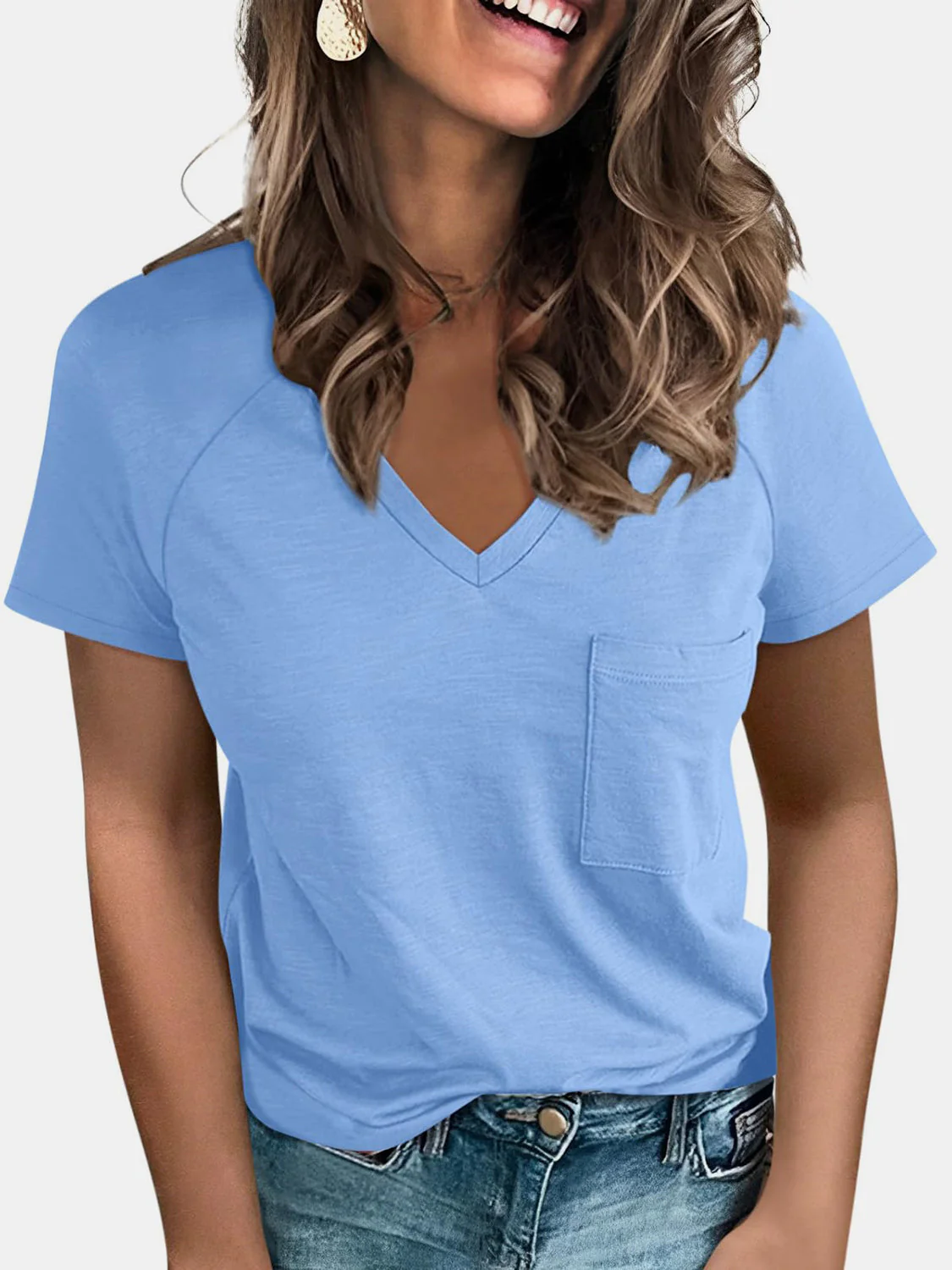 Pocketed V-Neck Short Sleeve T-Shirt - Image 10