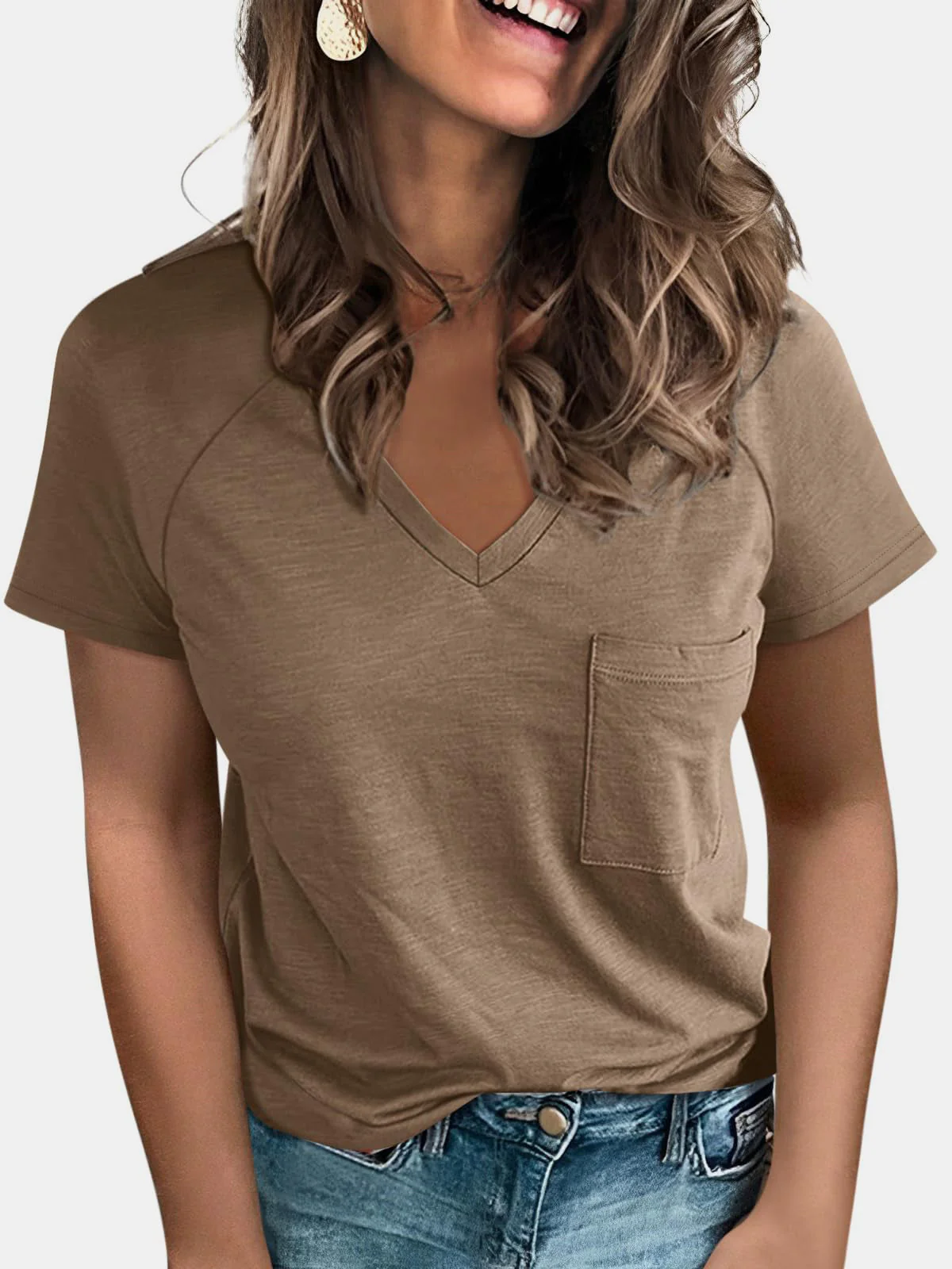 Pocketed V-Neck Short Sleeve T-Shirt - Image 15