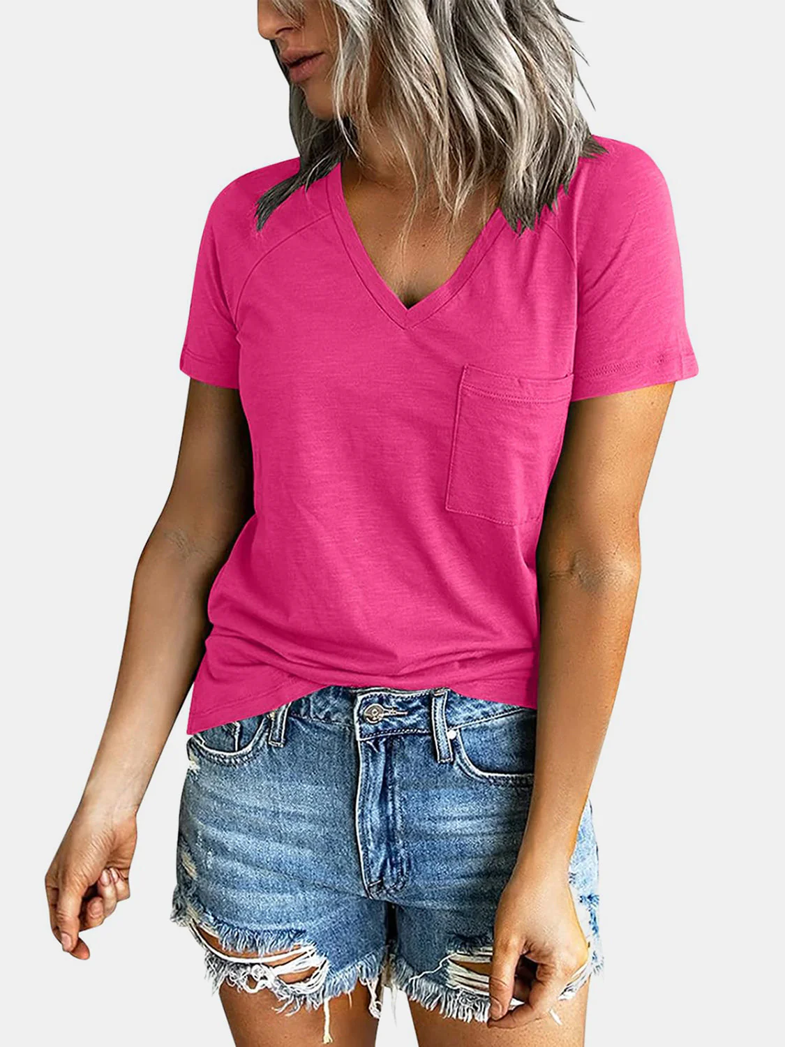 Pocketed V-Neck Short Sleeve T-Shirt - Image 17