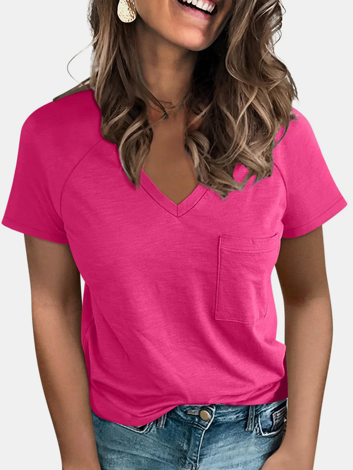 Pocketed V-Neck Short Sleeve T-Shirt - Image 18