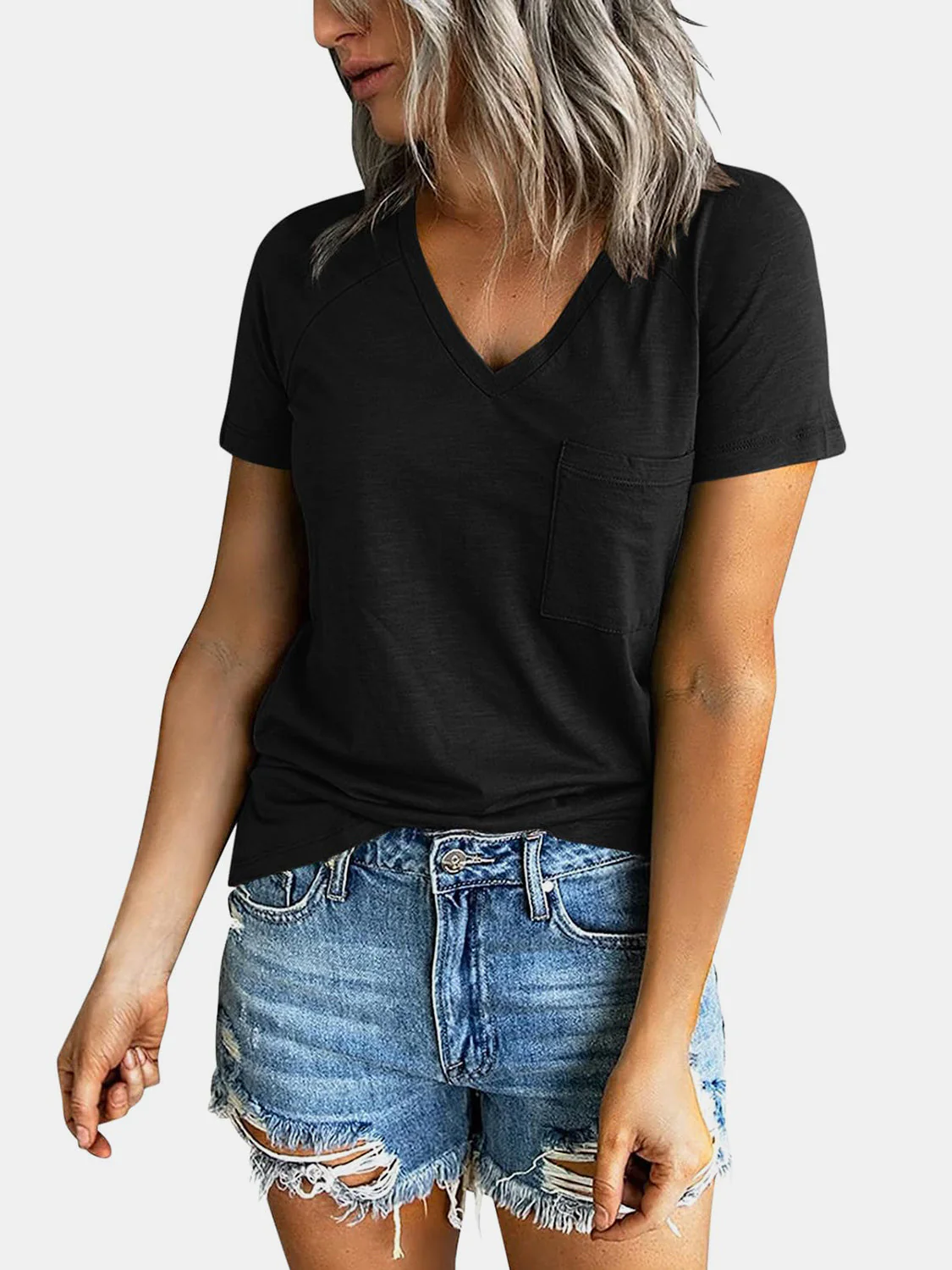 Pocketed V-Neck Short Sleeve T-Shirt - Image 3