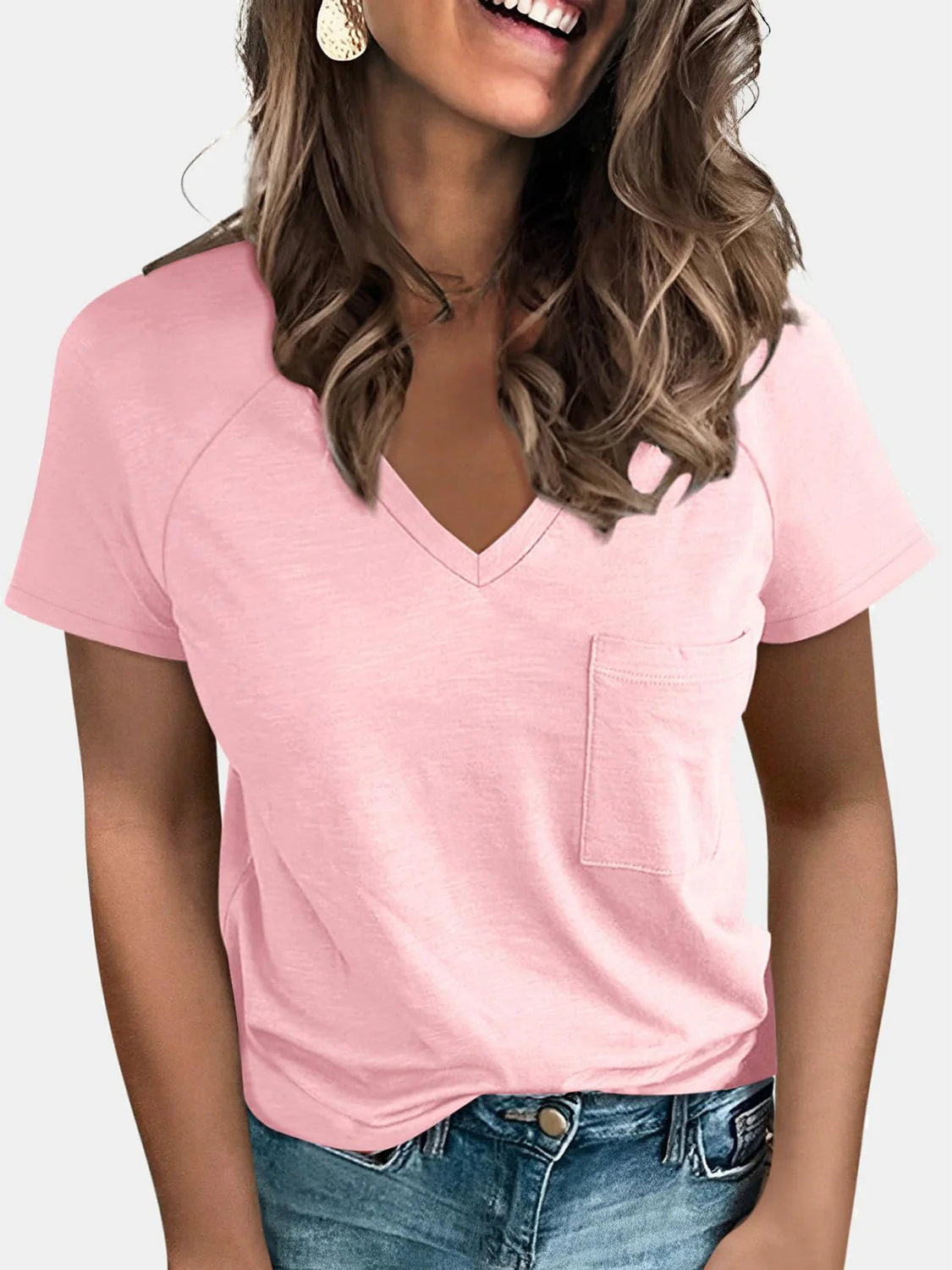 Pocketed V-Neck Short Sleeve T-Shirt - Image 5