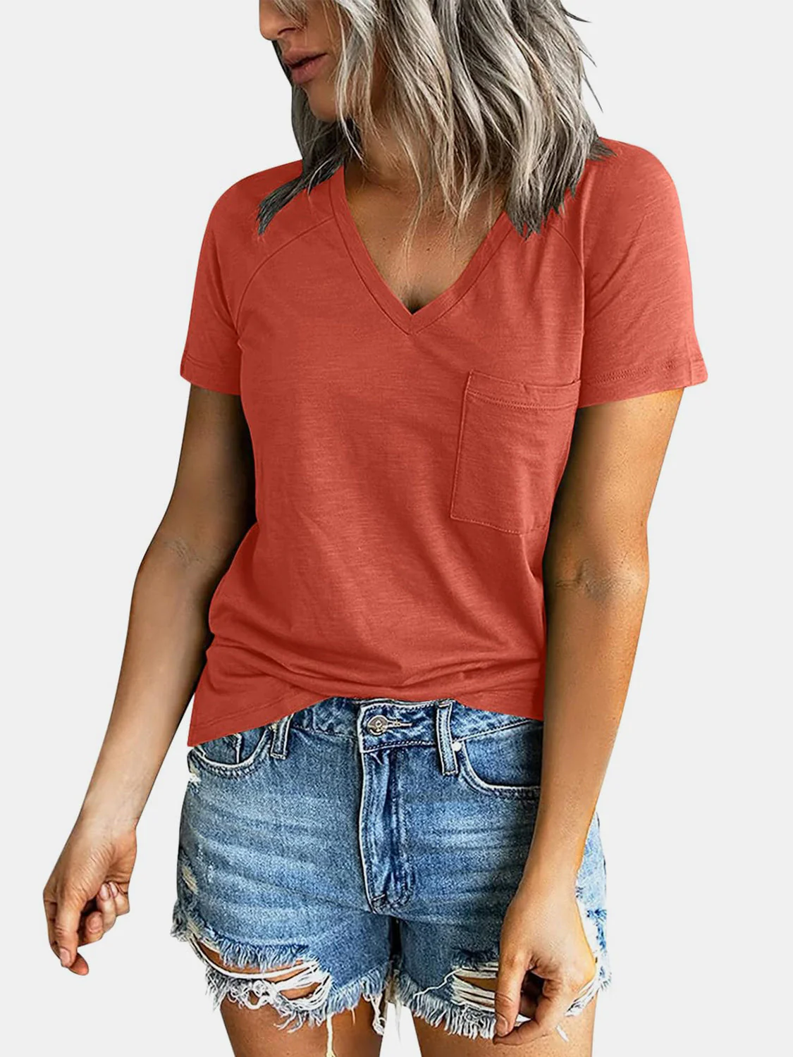 Pocketed V-Neck Short Sleeve T-Shirt - Image 8