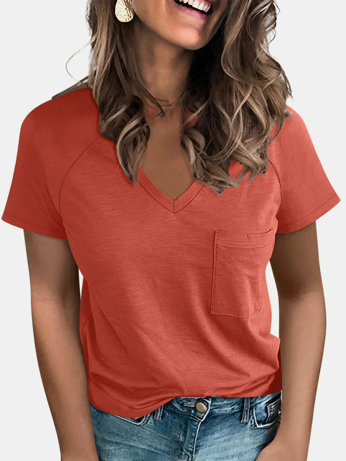 Pocketed V-Neck Short Sleeve T-Shirt - Image 9