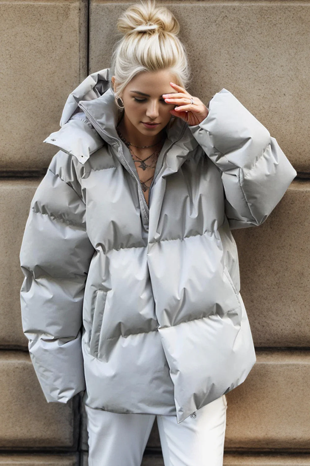 Pocketed Zip Up Hooded Puffer Jacket - Image 10