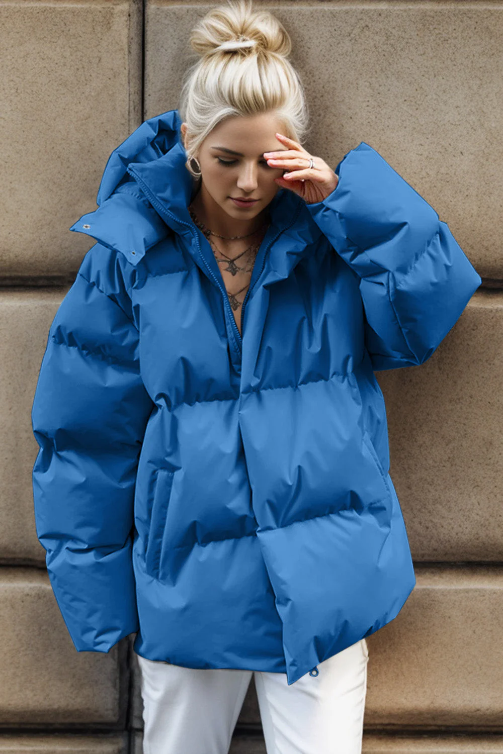 Pocketed Zip Up Hooded Puffer Jacket - Image 2