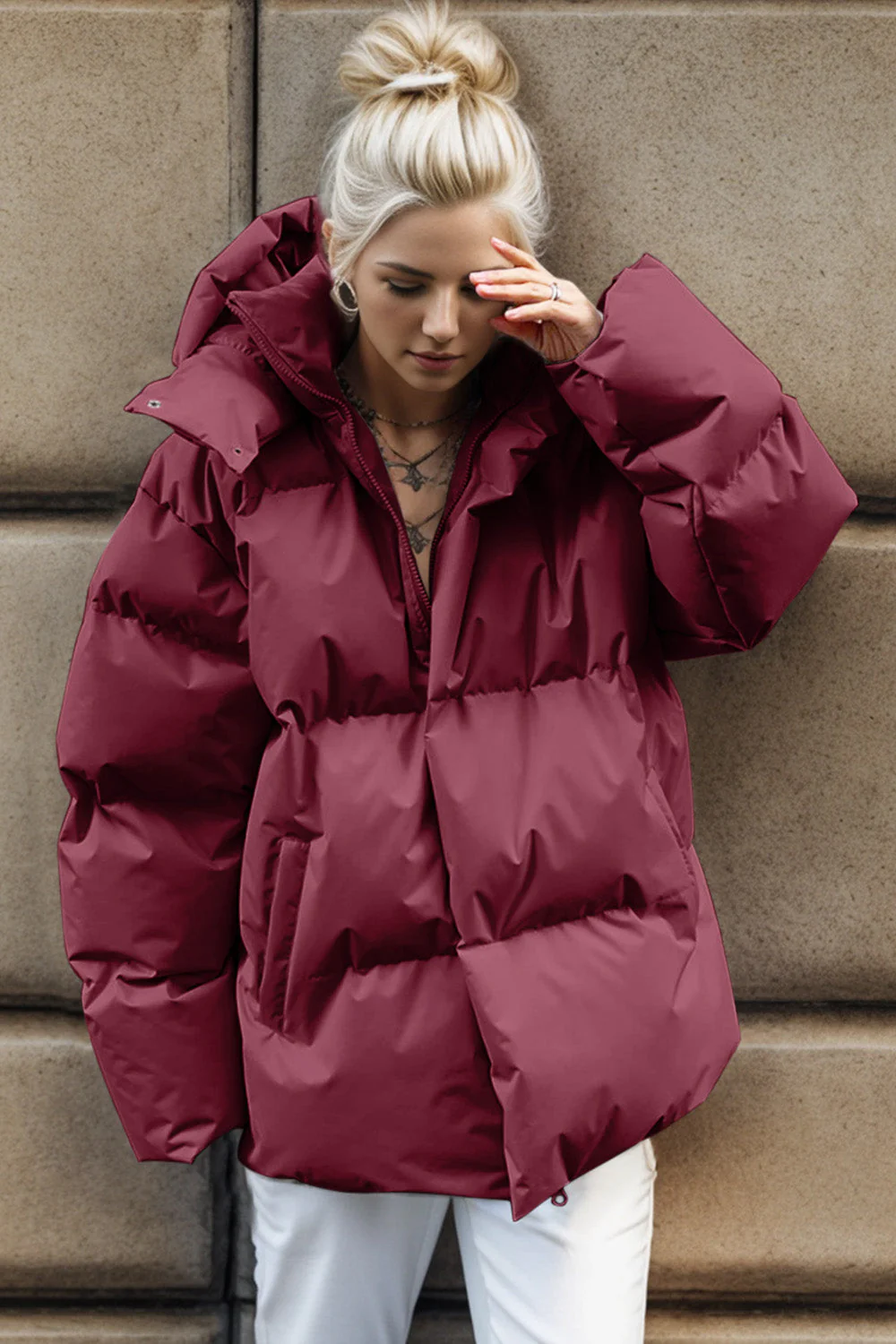 Pocketed Zip Up Hooded Puffer Jacket - Image 4