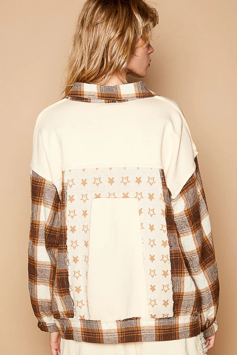 POL Plaid & Star Patchwork Contrast Long Sleeve Shacket - Image 2