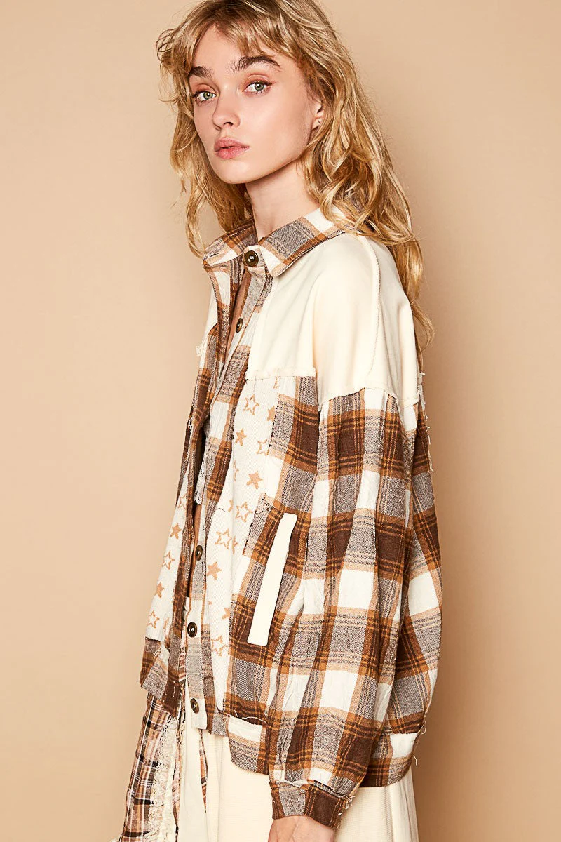 POL Plaid & Star Patchwork Contrast Long Sleeve Shacket - Image 3