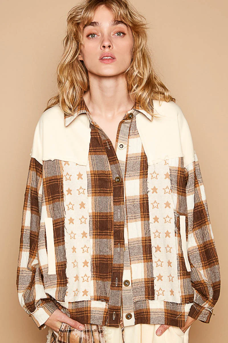 POL Plaid & Star Patchwork Contrast Long Sleeve Shacket - Image 4