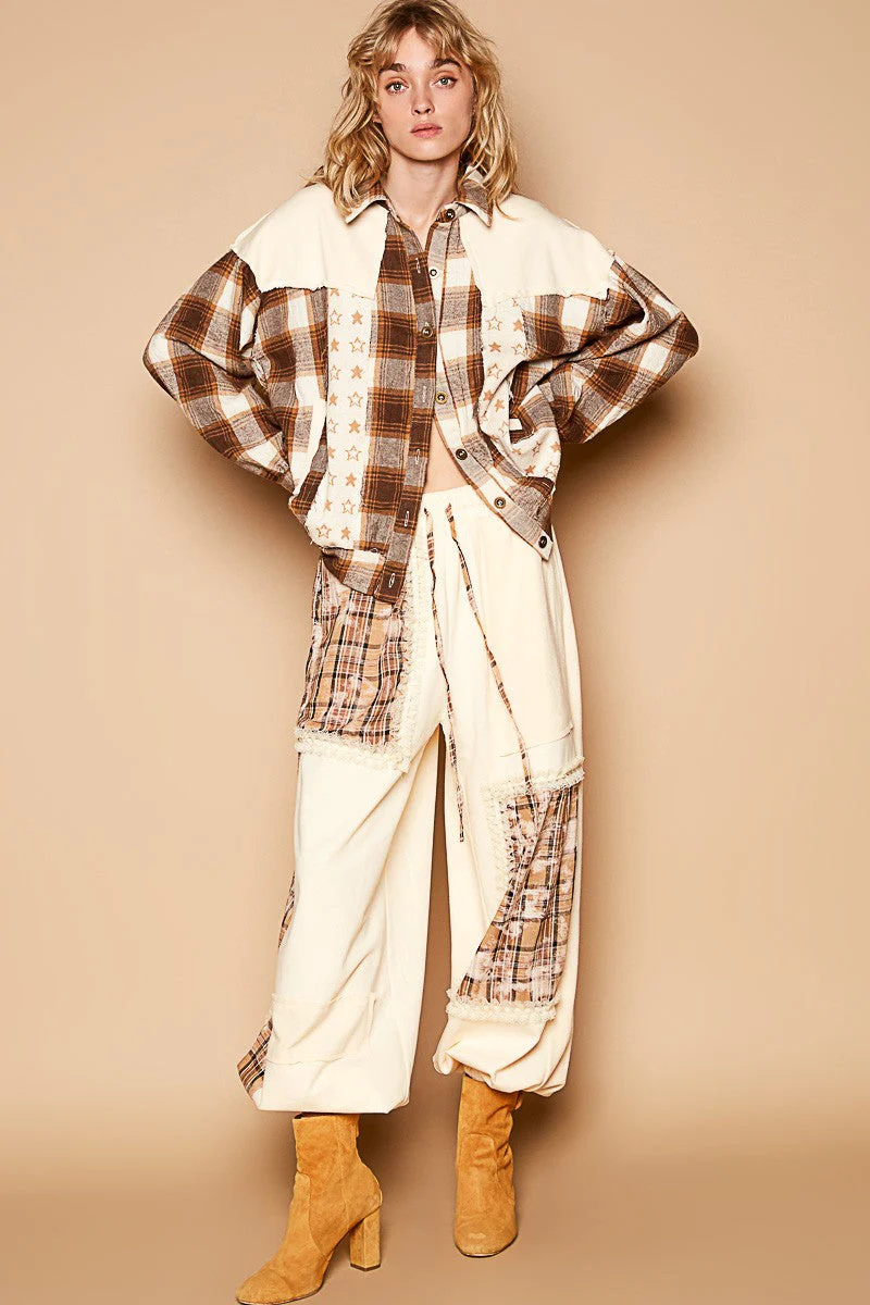 POL Plaid & Star Patchwork Contrast Long Sleeve Shacket - Image 5