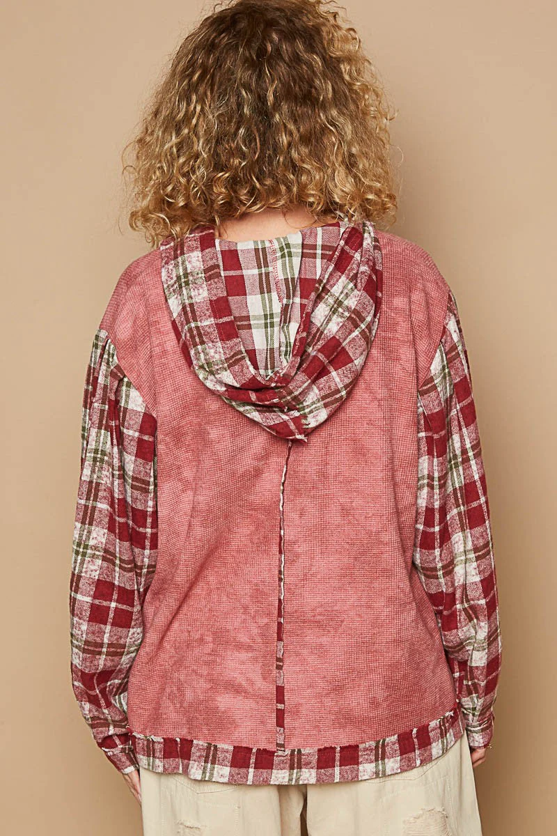 POL Star Patch Plaid Long Sleeve Hooded Top - Image 2