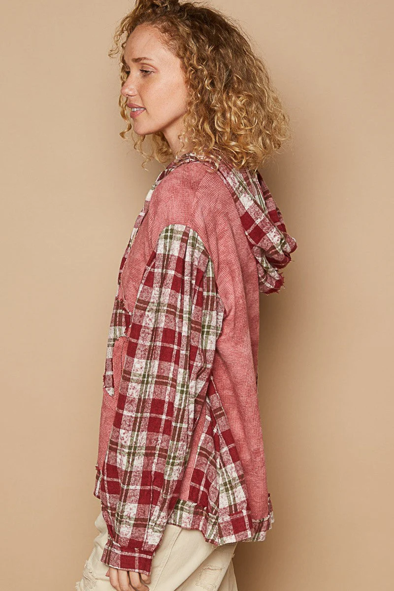 POL Star Patch Plaid Long Sleeve Hooded Top - Image 3