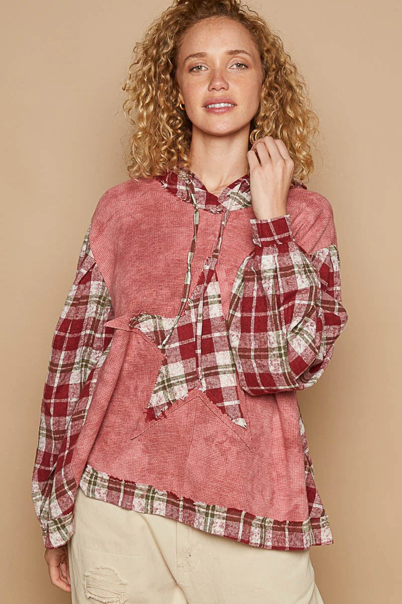 POL Star Patch Plaid Long Sleeve Hooded Top - Image 4