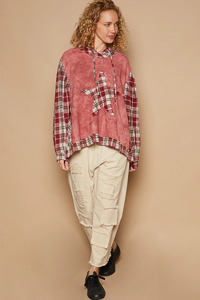 POL Star Patch Plaid Long Sleeve Hooded Top - Image 5