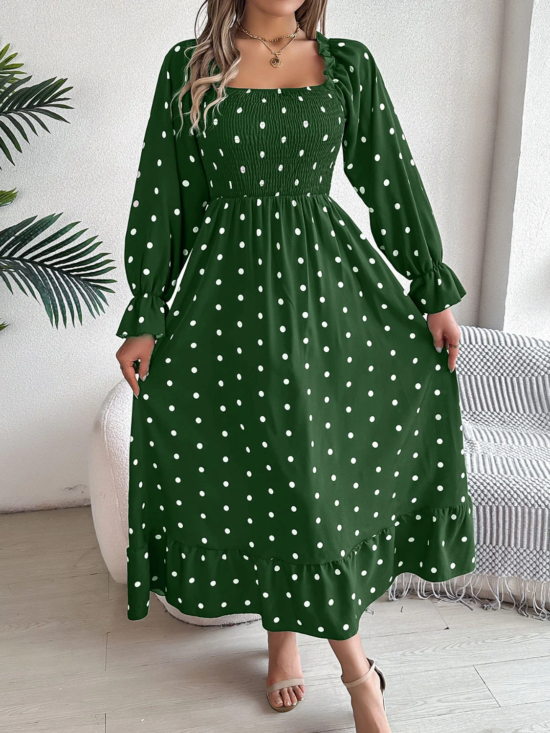 Polka Dot Flounce Sleeve Midi Dress - Image 10