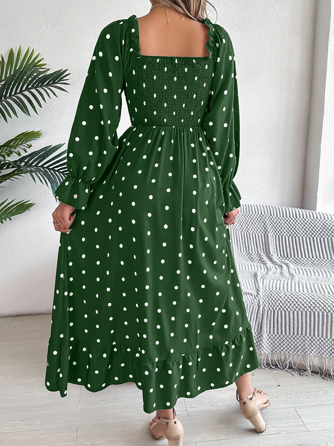 Polka Dot Flounce Sleeve Midi Dress - Image 12