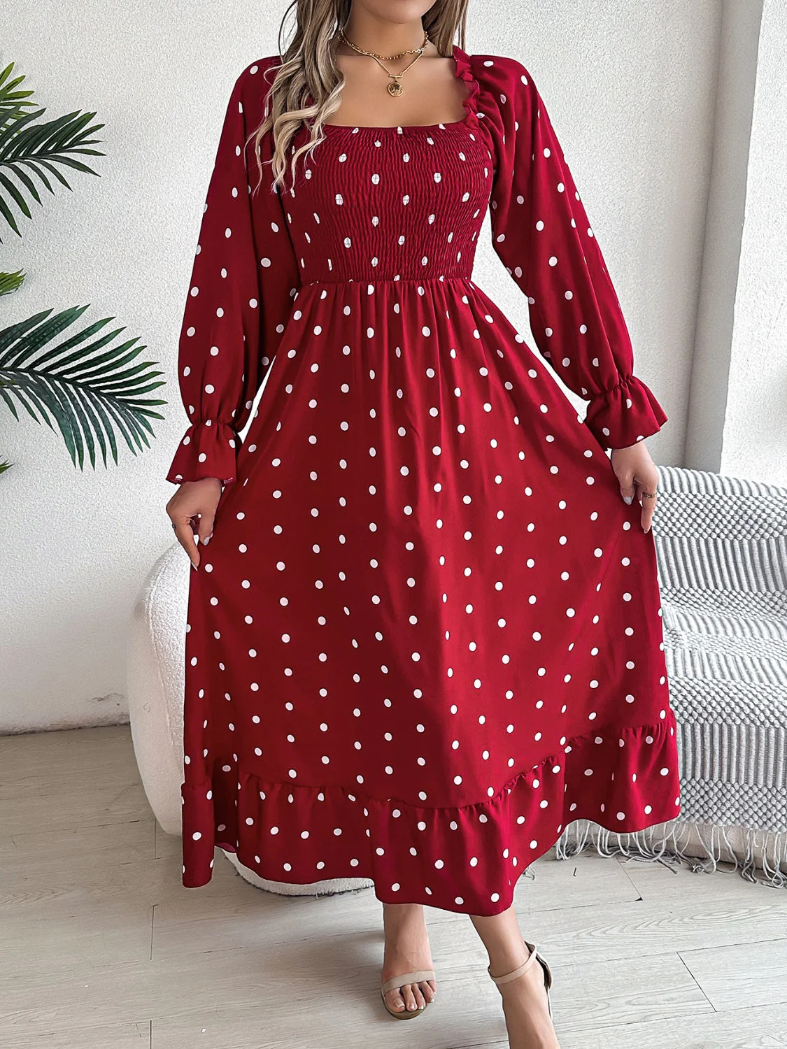 Polka Dot Flounce Sleeve Midi Dress - Image 5