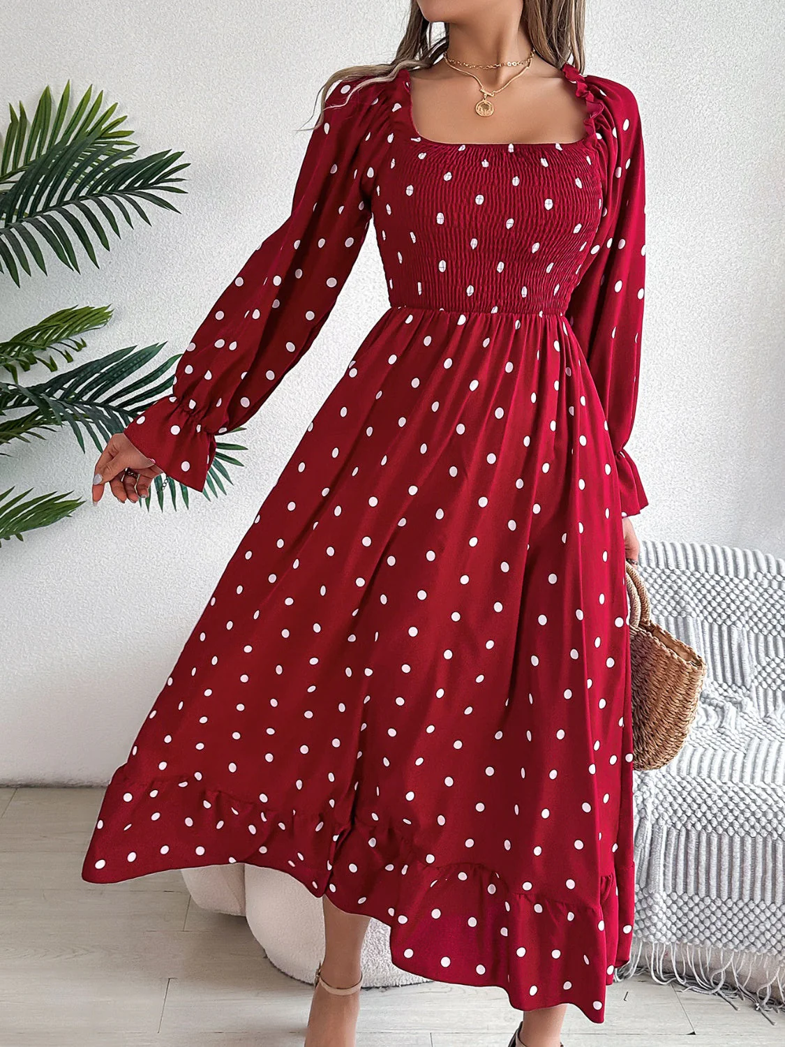 Polka Dot Flounce Sleeve Midi Dress - Image 6