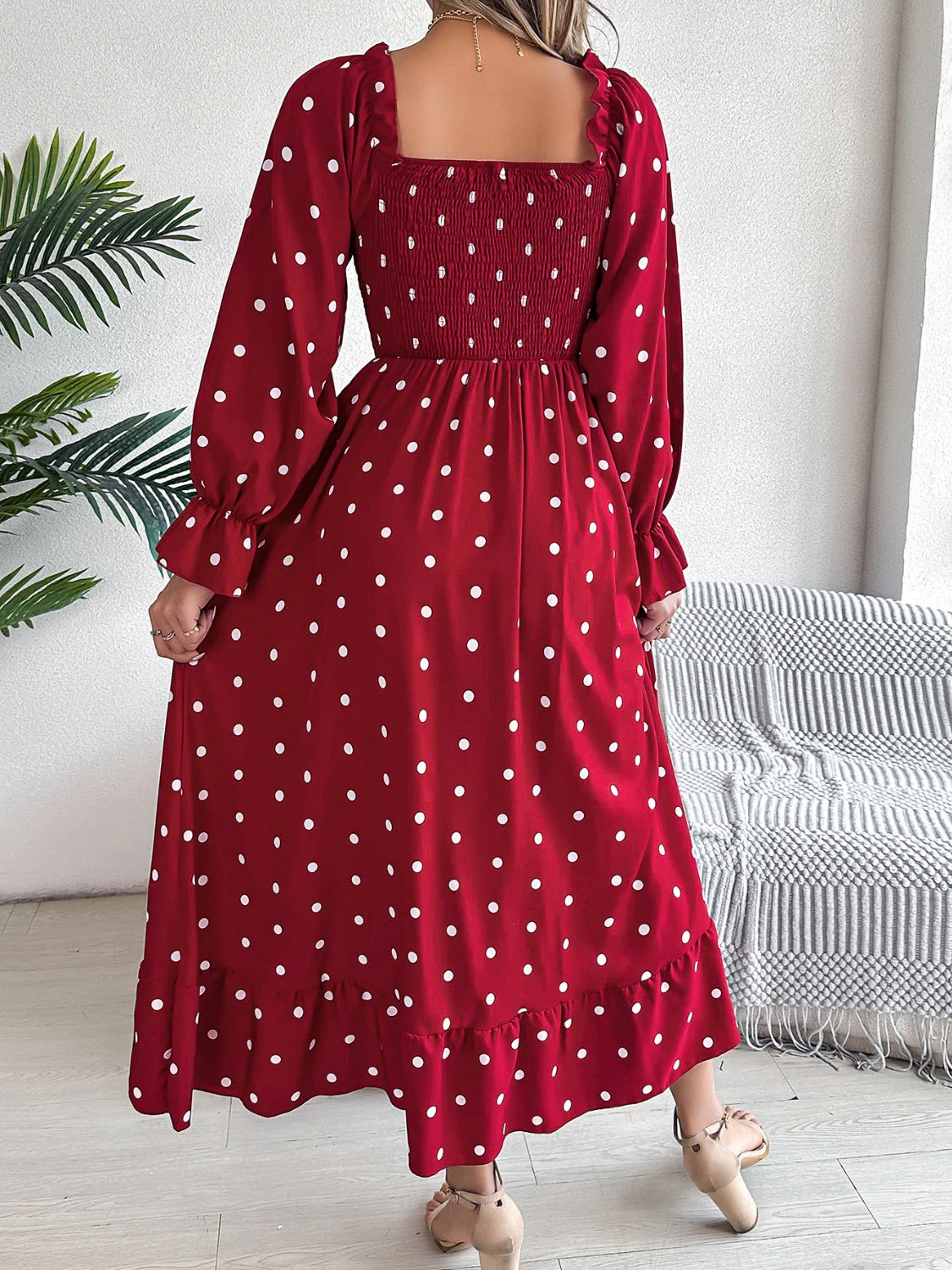 Polka Dot Flounce Sleeve Midi Dress - Image 7