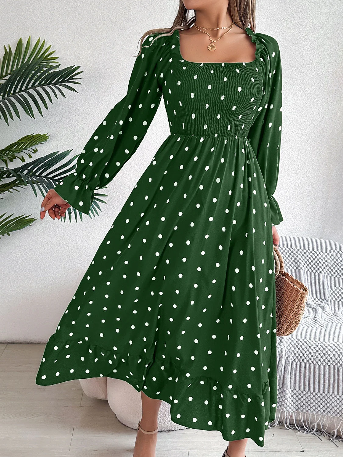 Polka Dot Flounce Sleeve Midi Dress - Image 9
