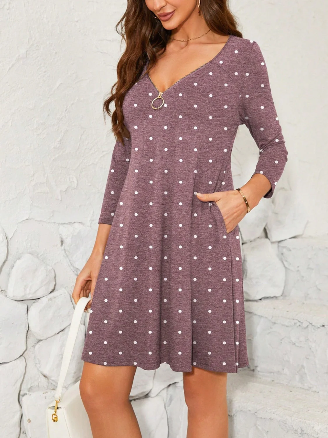 Polka Dot Quarter Zip Long Sleeve Dress - Image 3