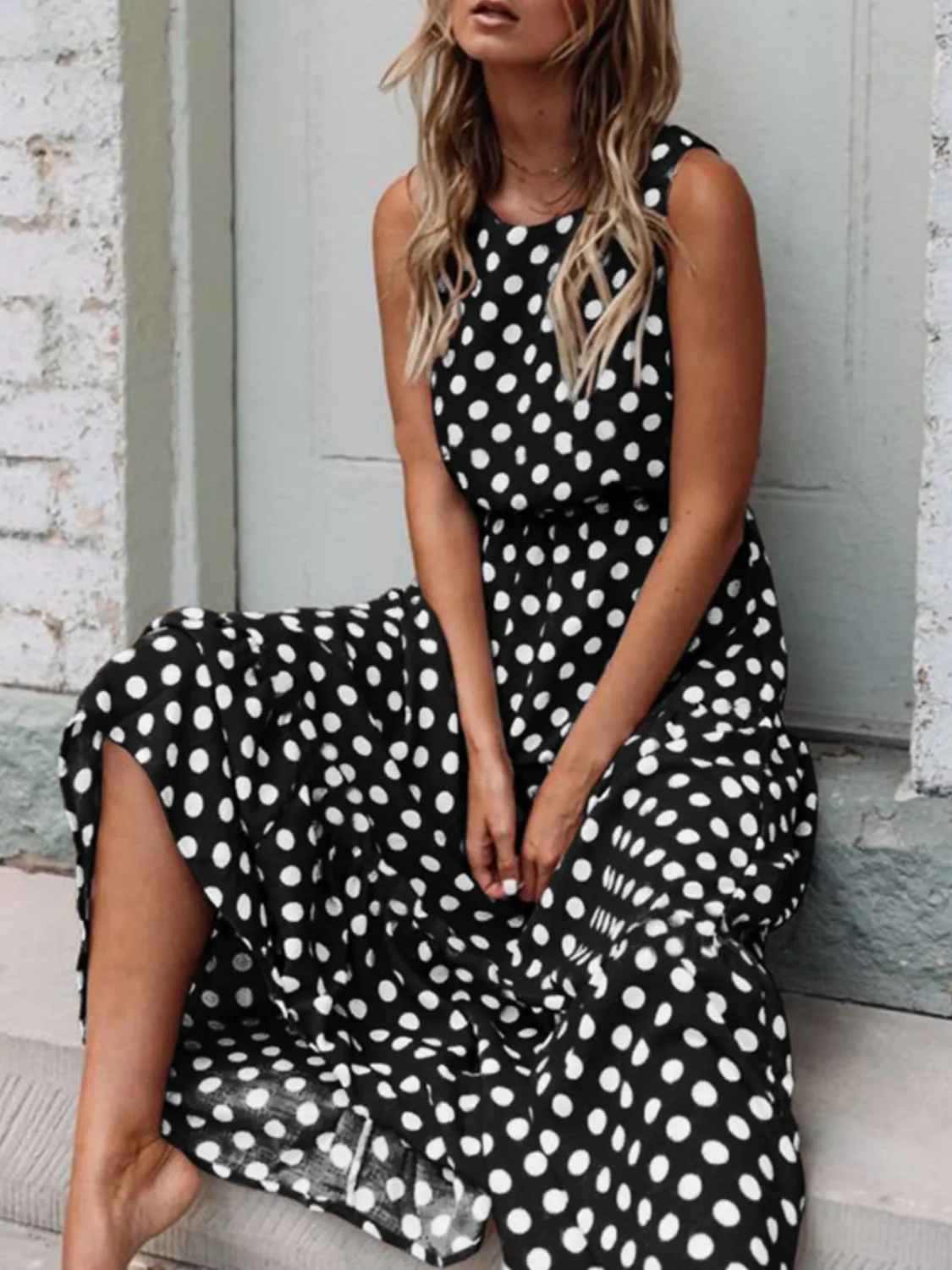 Polka Dot Round Neck Sleeveless Midi Dress - Image 2