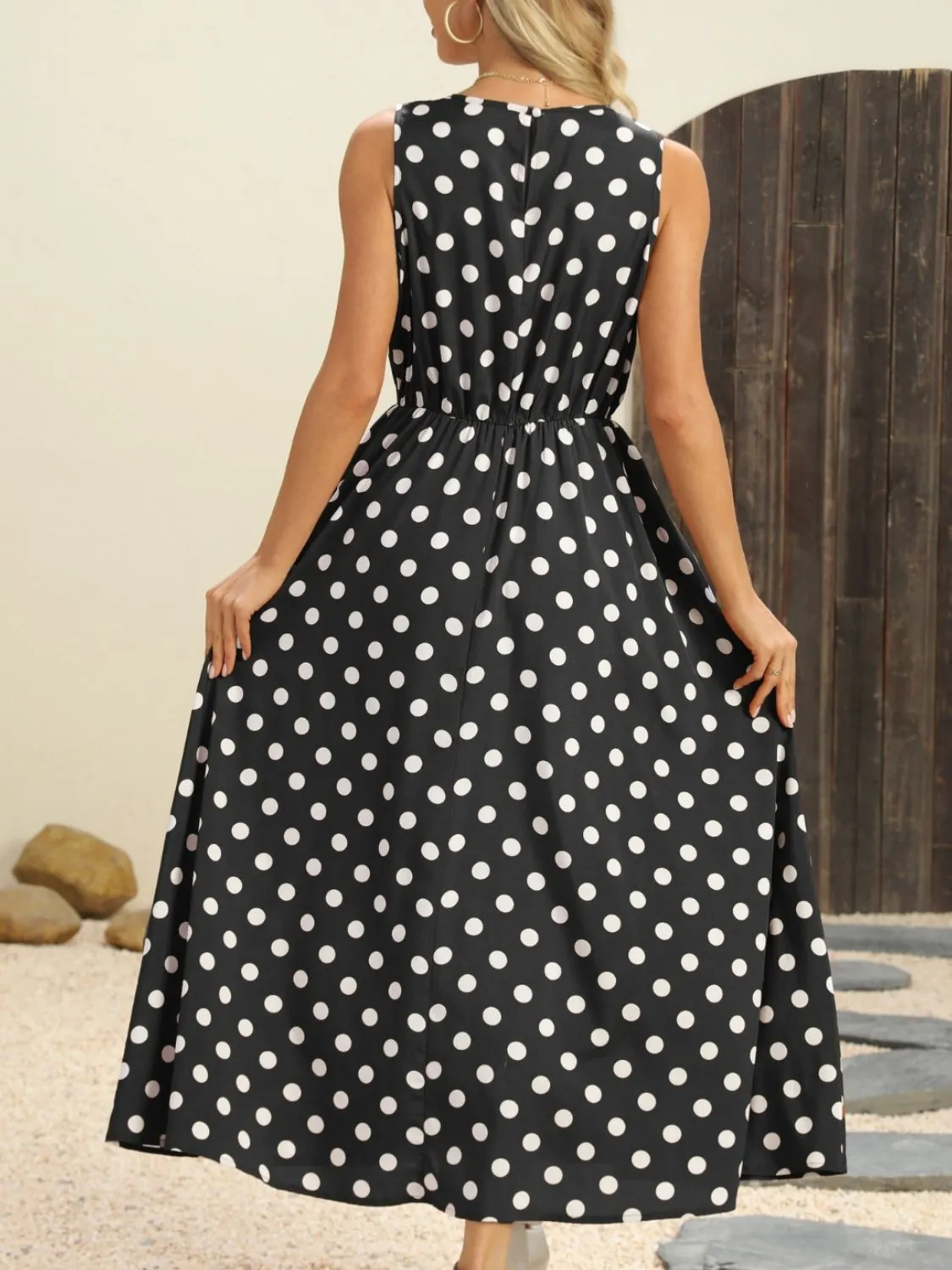 Polka Dot Round Neck Sleeveless Midi Dress - Image 3