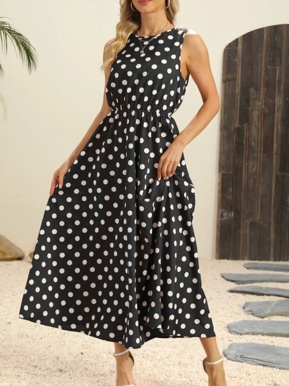 Polka Dot Round Neck Sleeveless Midi Dress - Image 4
