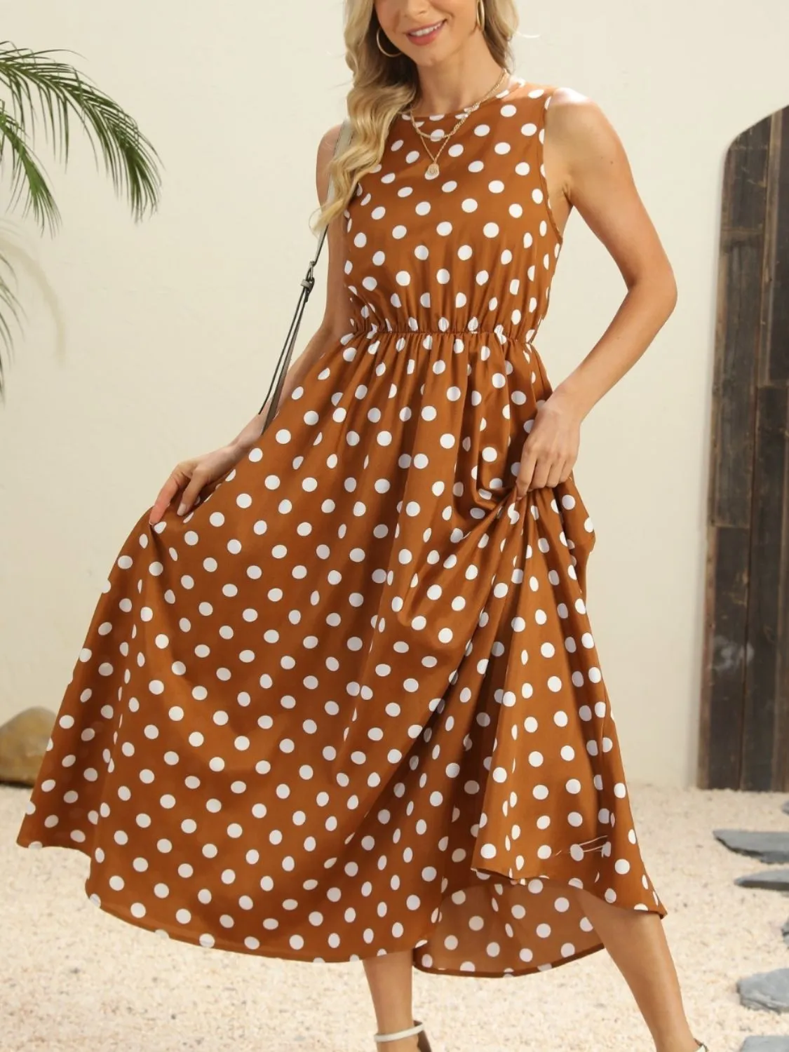Polka Dot Round Neck Sleeveless Midi Dress - Image 5