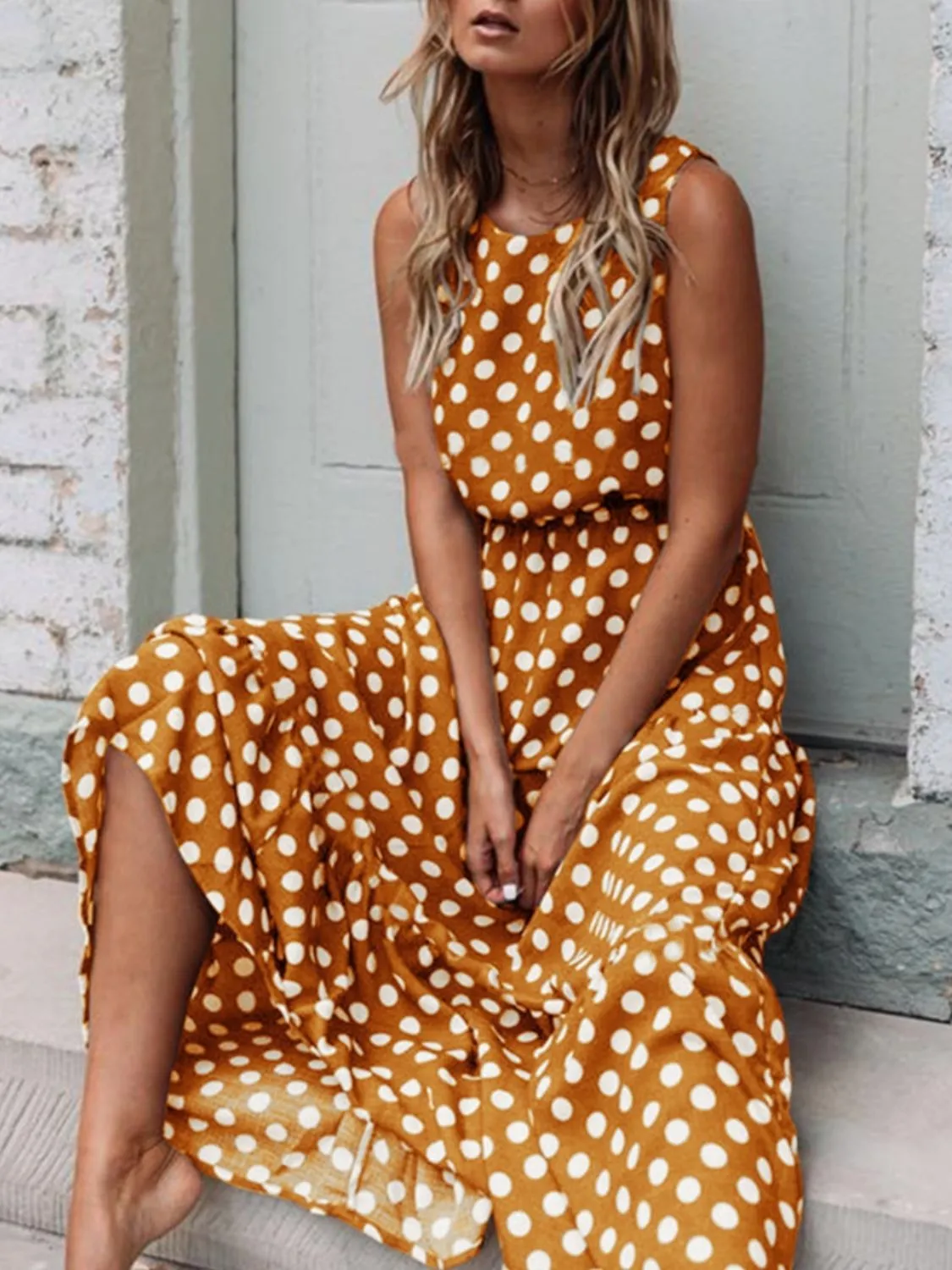 Polka Dot Round Neck Sleeveless Midi Dress - Image 6
