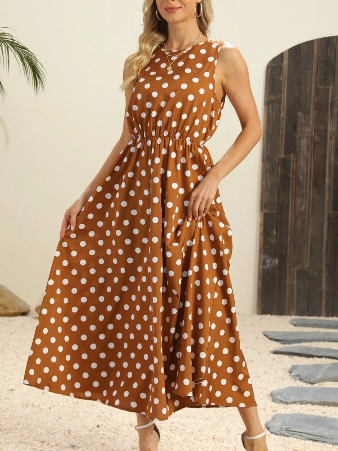 Polka Dot Round Neck Sleeveless Midi Dress - Image 8