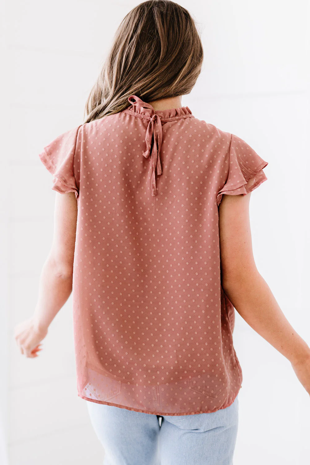 Polka Dot Smocked Flutter Sleeve Blouse - Image 2
