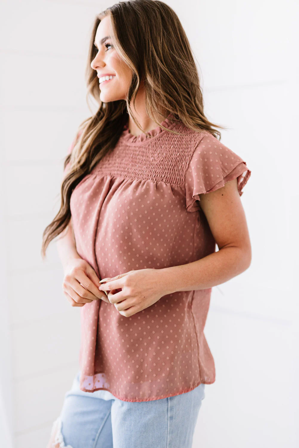 Polka Dot Smocked Flutter Sleeve Blouse - Image 4