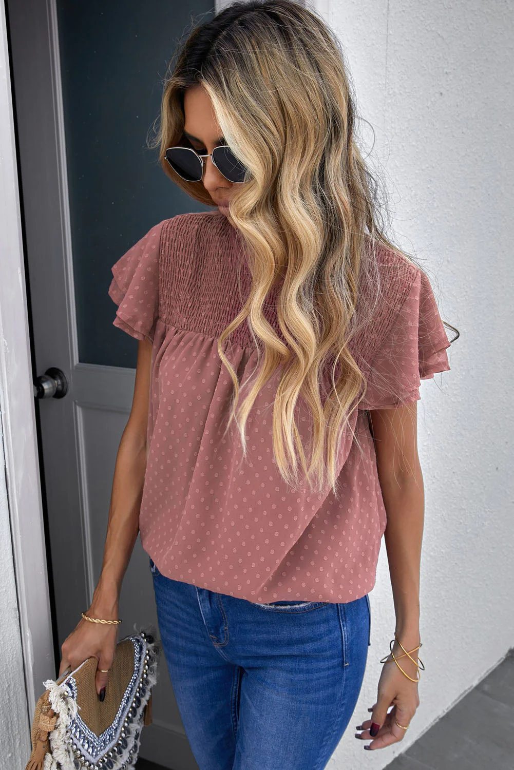 Polka Dot Smocked Flutter Sleeve Blouse - Image 5