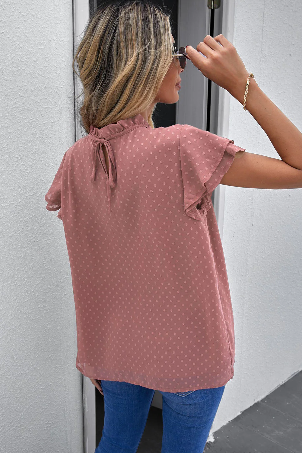 Polka Dot Smocked Flutter Sleeve Blouse - Image 7